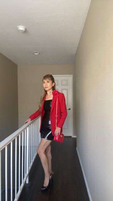 The last look of  how to create 5 work outfits with a red jacket